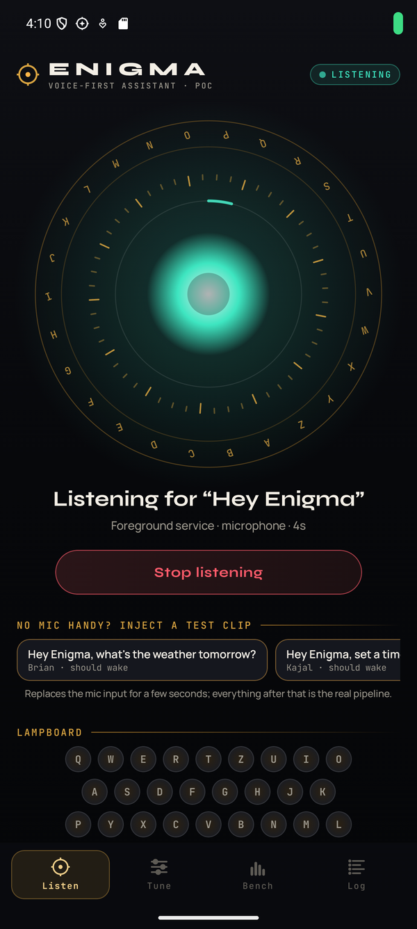 ENIGMA app listening screen with rotor and lampboard